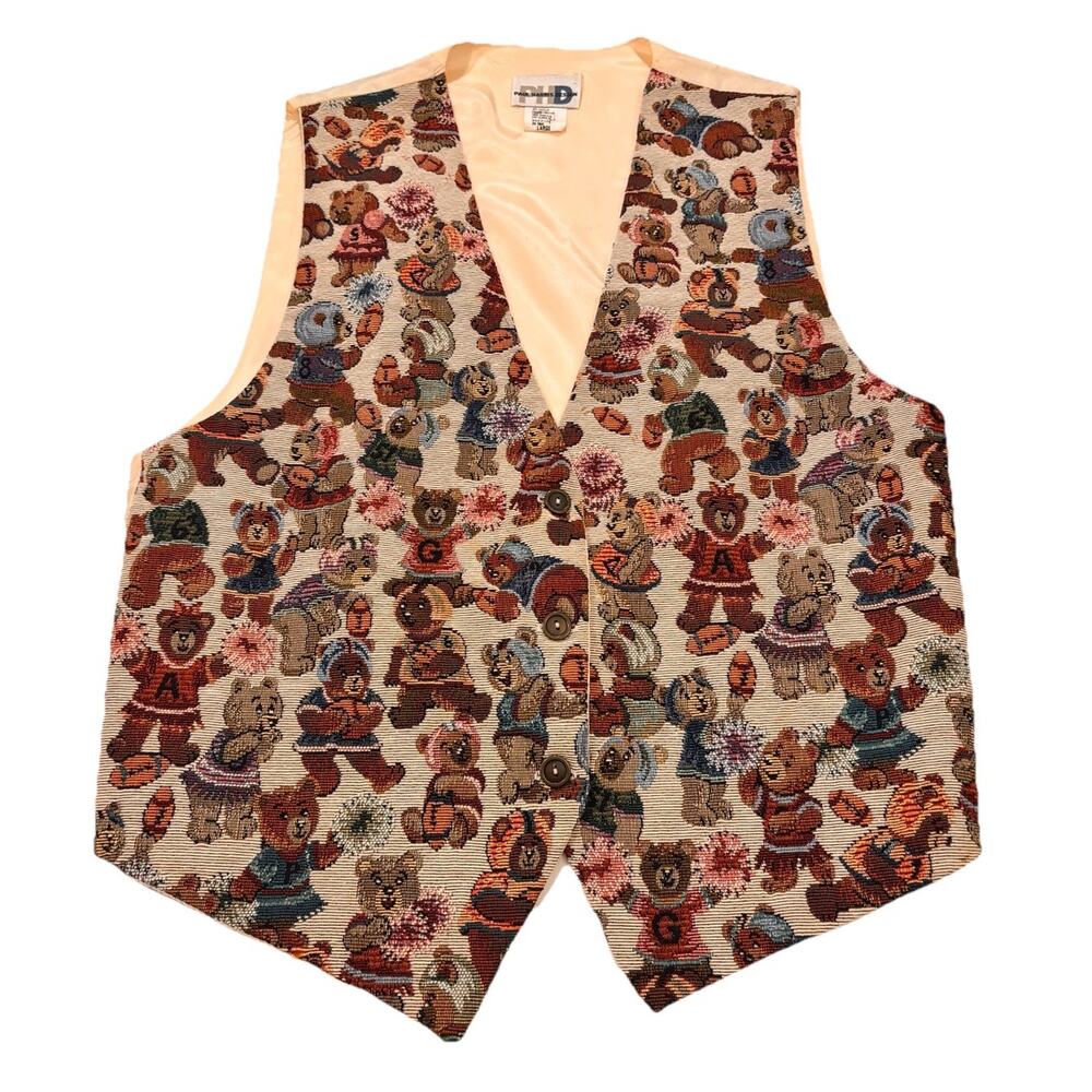 Vintage Paul Harris Design Vest Womens Football Teddy Bears Embroidered Large